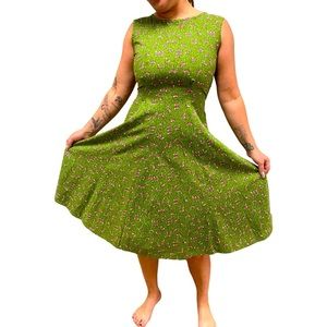 Mid Century Bunnies in the Grass Pattern Sleeveless Aline Midi Day Dress
